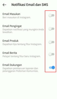 nonaktifkan pemberitahuan notifikasi email instagram