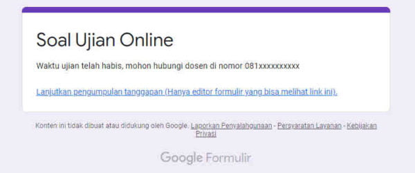 contoh tampilan google form jika ujian telah melewati batas waktu