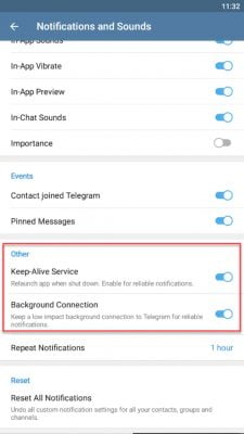 aktifkan semua notifikasi telegram termasuk background connection