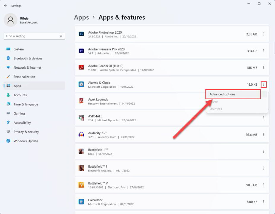 menu apps & features windows 11